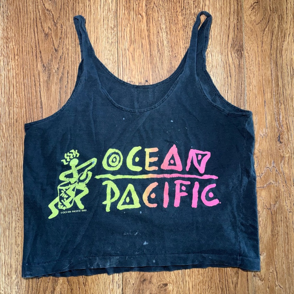 VTG 1990 Ocean Pacific Tank Top Cropped Black Neon Surf Graphic Tee 90s OP sz. M